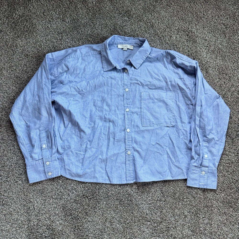 LOFT Light Blue Striped Womens Large Button-Up Crop Shirt 100% Cotton EUC